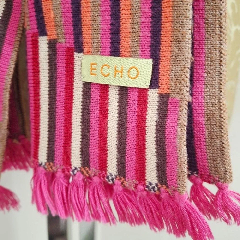Pink Multicolor striped knit Echo‎ scarf with fringe colorful funky luxury